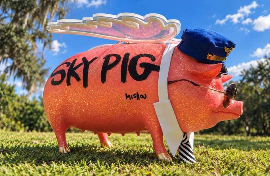 Side view of Sky Pig, a flying pig sculpture by Mishou Sanchez.